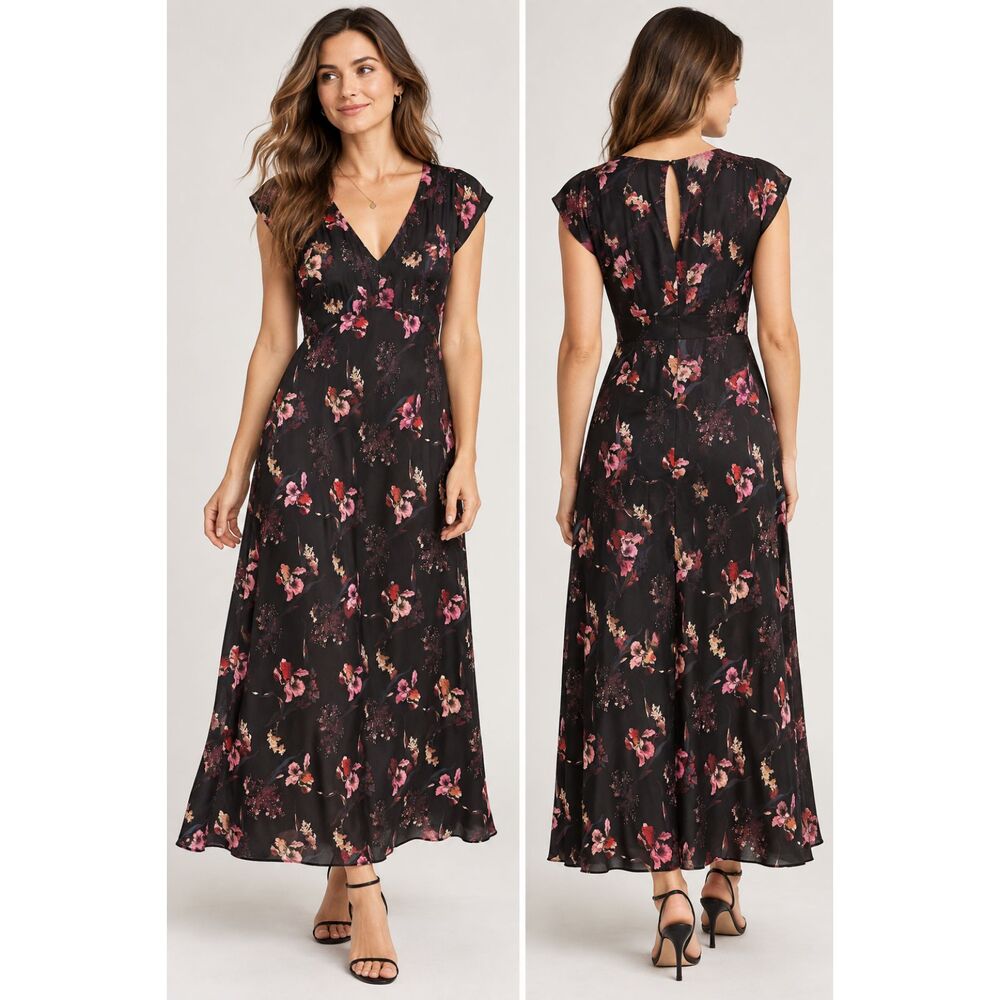Madewell Floral V-Neck Midi Maxi Dress Black Pink Cupro Blend Size 4 NWT